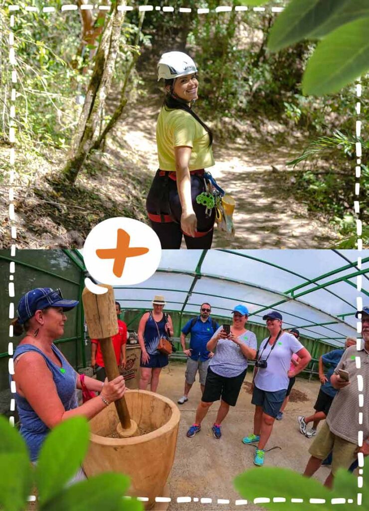 Person ziplining through Monteverde's cloud forest canopy, with coffee plants in the background during the Monteverde Canopy and Coffee Tour in Costa Rica